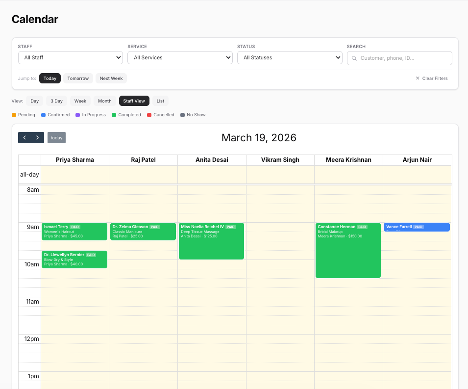 Booking calendar with staff view