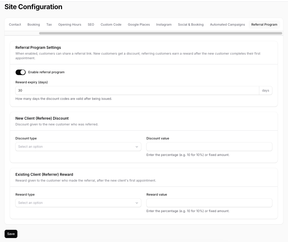 Referral program settings showing new client discount and existing client referrer reward configuration