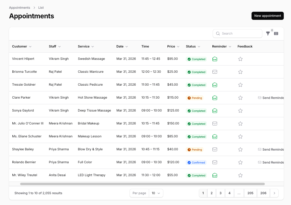 Salon appointments list showing 2,055 total appointments with customer name, staff, service, price, status, and reminder tracking