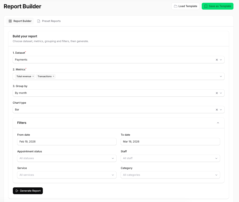 Custom salon report builder showing dataset selector, metrics for total revenue and transactions, group by month, bar chart type, and date range filters