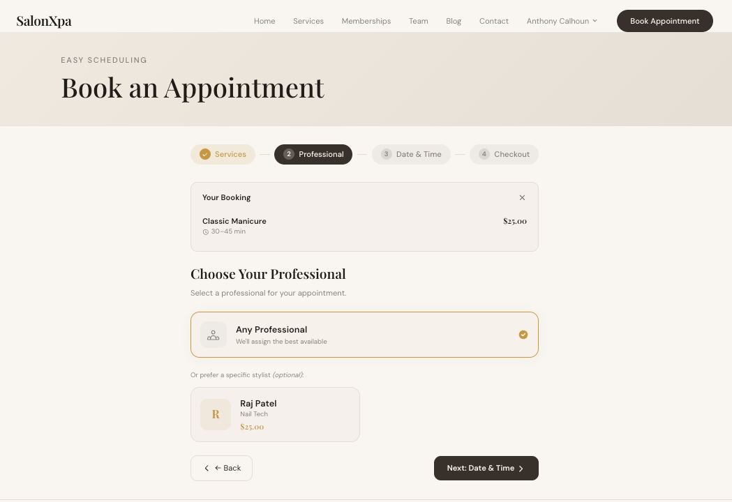 Booking step 2 — choose a specific professional or let the system assign the best available