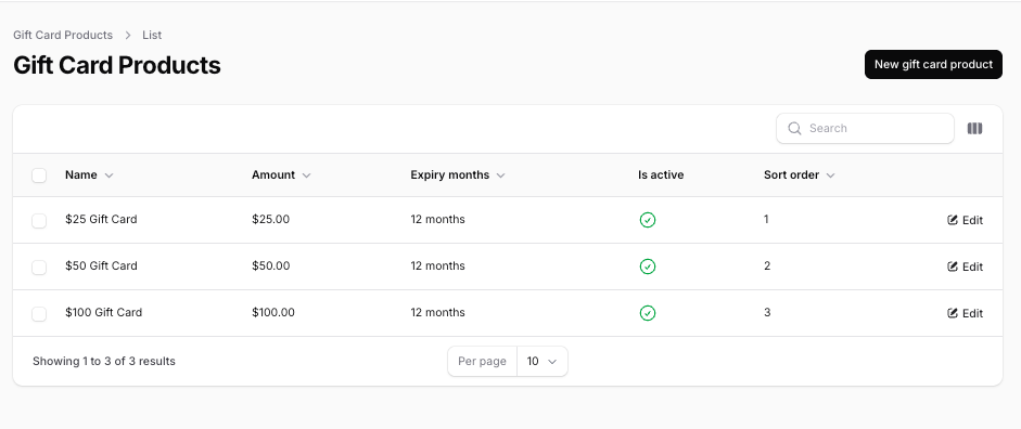 Gift card products list showing $25, $50, and $100 gift cards with 12-month expiry, all active
