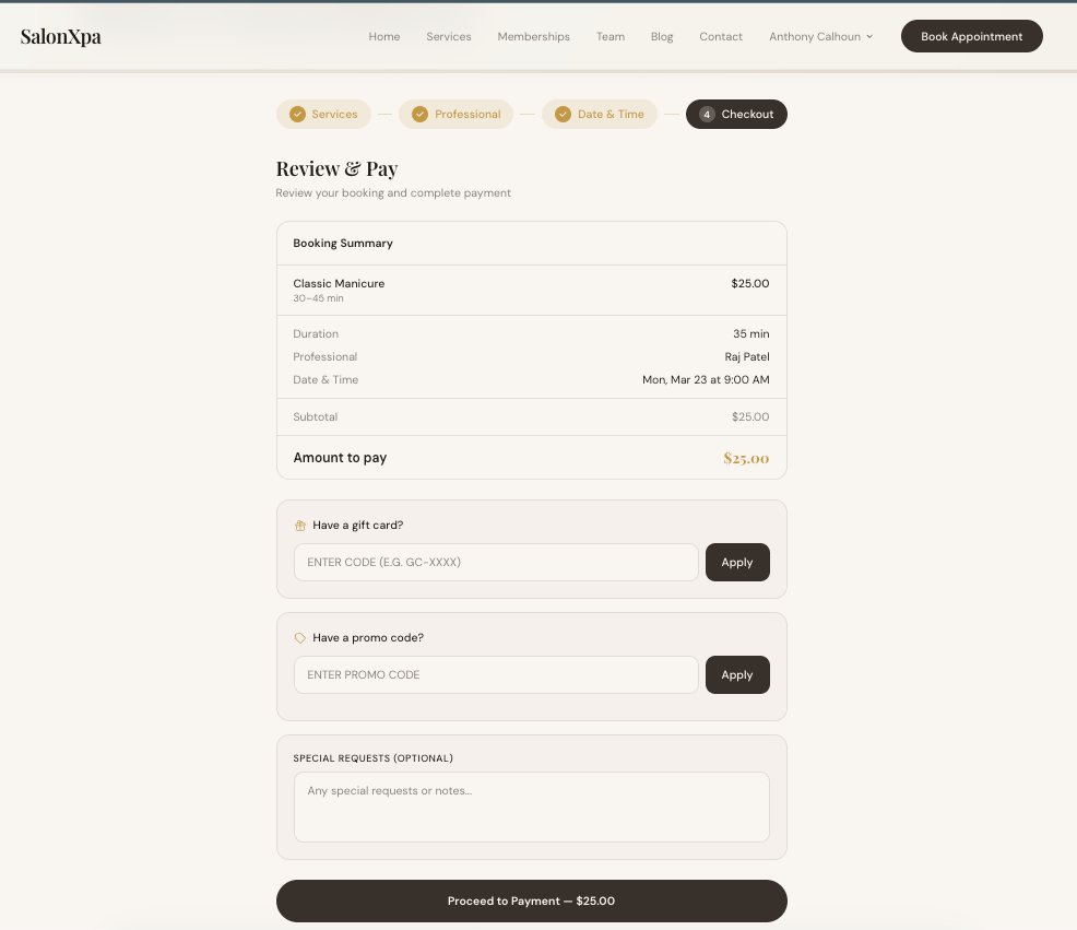 Salon booking checkout page with gift card and promo code fields, Stripe payment
