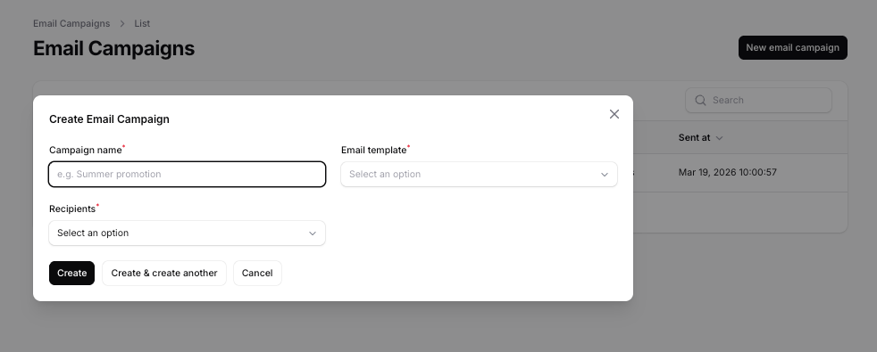 Create email campaign modal with campaign name, template selector, and recipient options